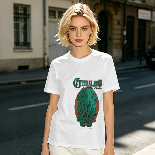 Olive Green Cthulhu Graphic T-Shirt with Mythos Monster Art