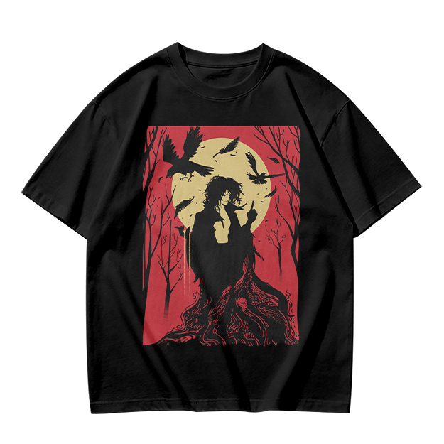 Olive T-Shirt With Gothic Crow And Moon Graphic Print