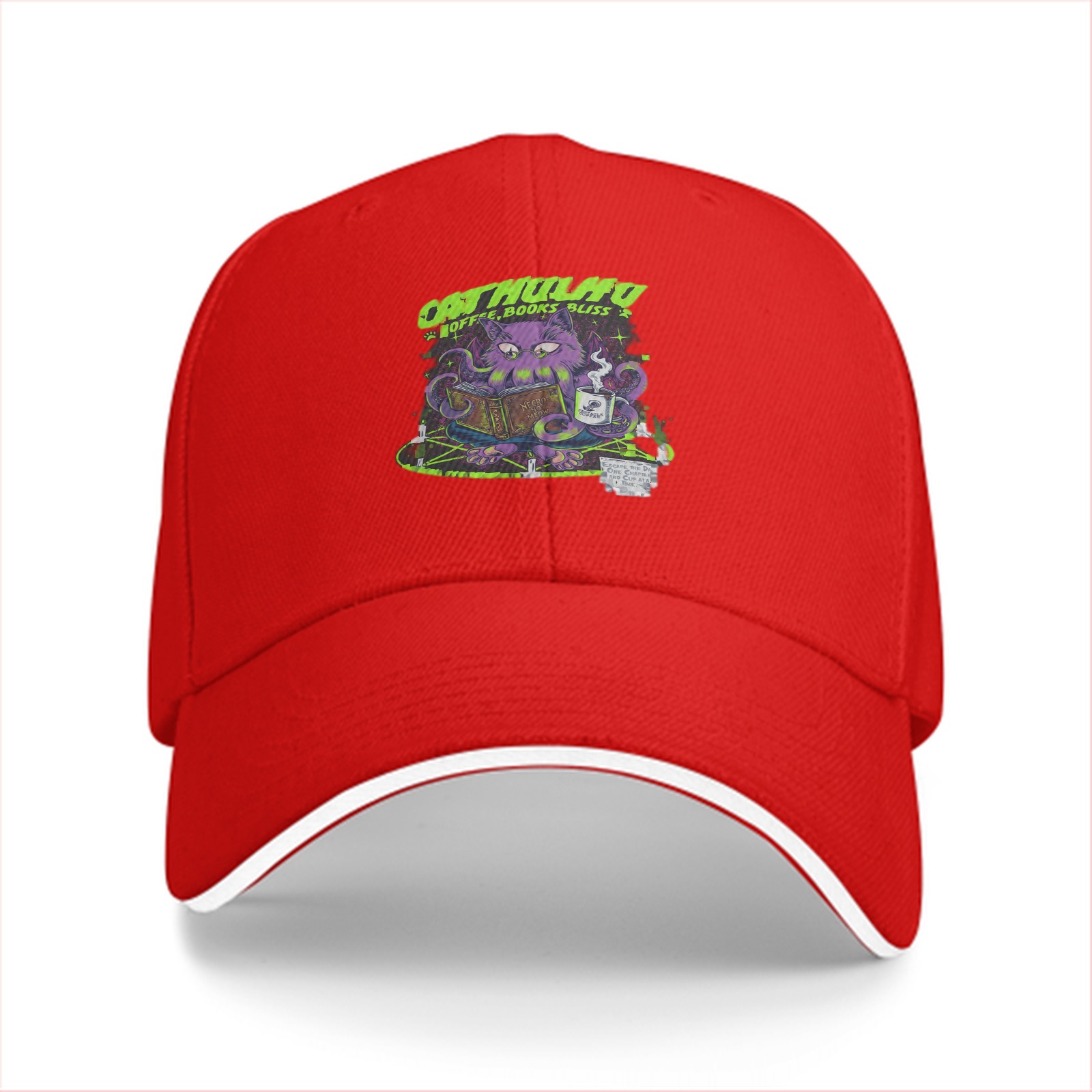Black baseball cap with Cathulhu coffee and books graphic