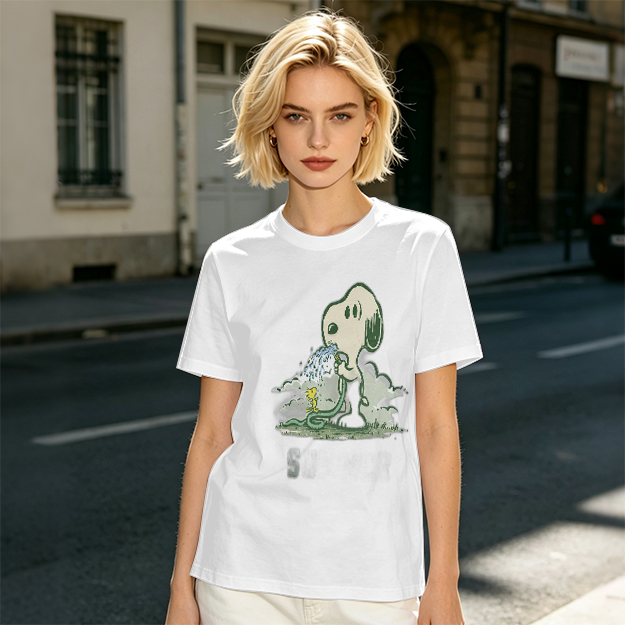 Olive T-shirt with Snoopy and Woodstock Watering Print