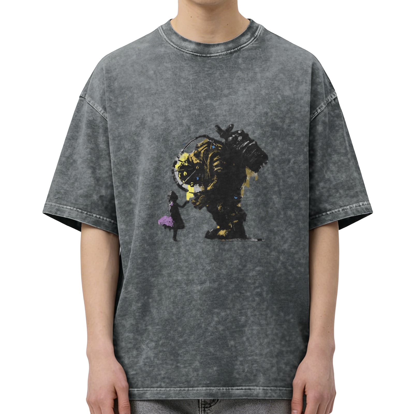 oversized acid wash graphic t-shirt with abstract mechanical print