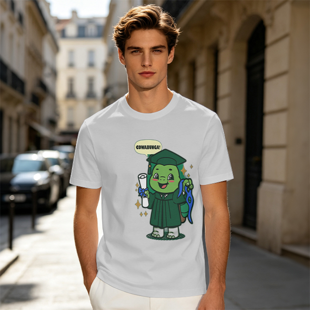 Olive T-shirt with Graduation Turtle Saying Cowabunga