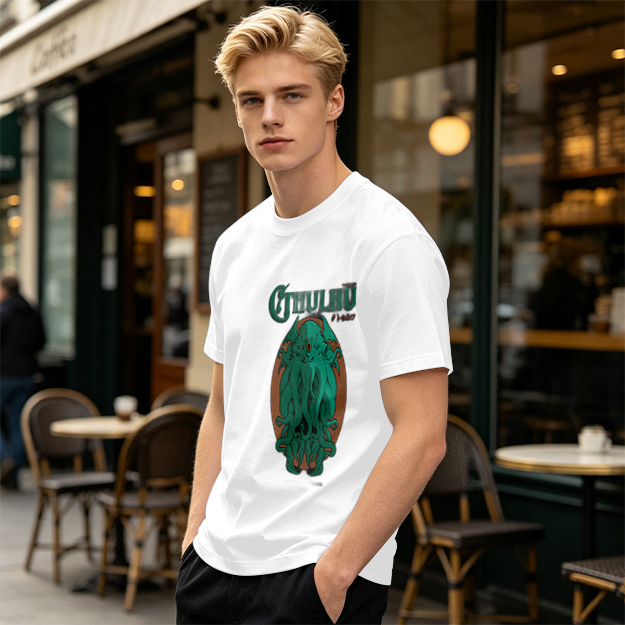 Olive Green Cthulhu Graphic T-Shirt with Mythos Monster Art