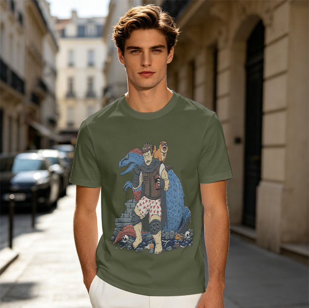 Olive T-Shirt With Fantasy Warrior Dinosaur Dog Graphic Print