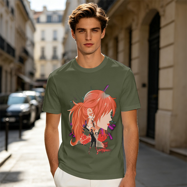 Olive T-Shirt with Anime Red-Haired Girl Profile Art Print