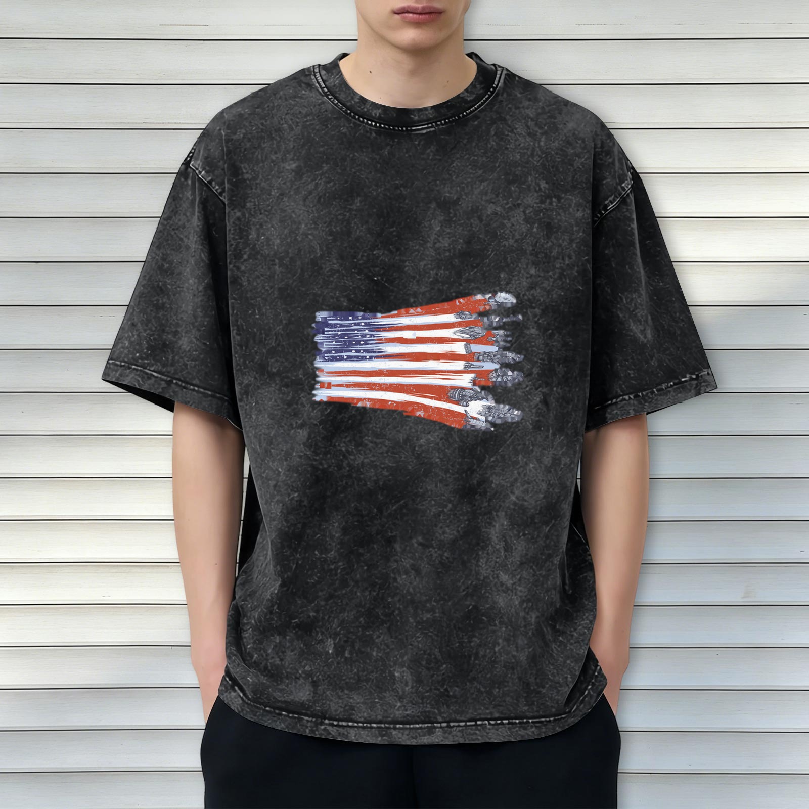 Distressed washed black American flag printed loose short-sleeved T-shirt