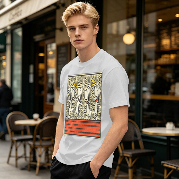 Olive T-shirt with dancing Snoopy and Woodstock graphic print
