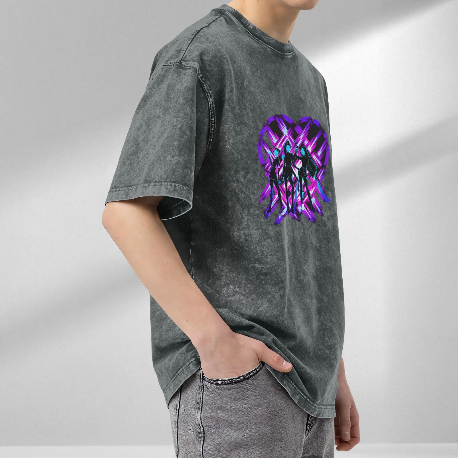 Washed Black T-Shirt with Neon Purple Heart and Three Stylized Figures Graphic
