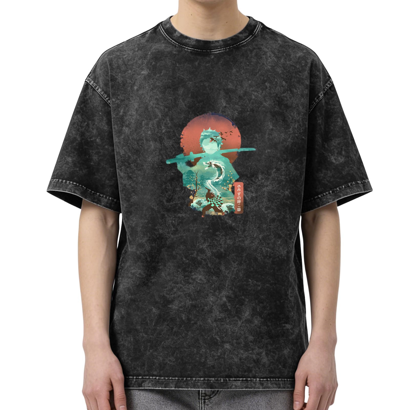 Oversized Vintage Wash Anime Demon Slayer Tanjiro Water Breathing Graphic T-Shirt