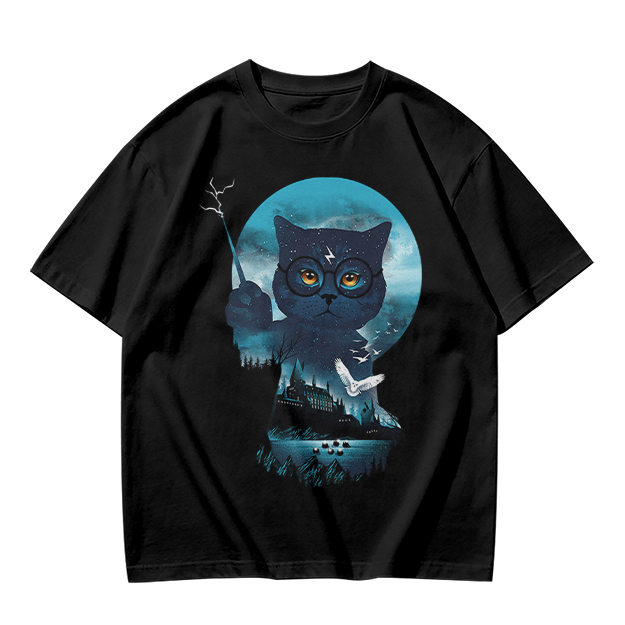 Olive T-shirt with Harry Potter themed wizard cat graphic
