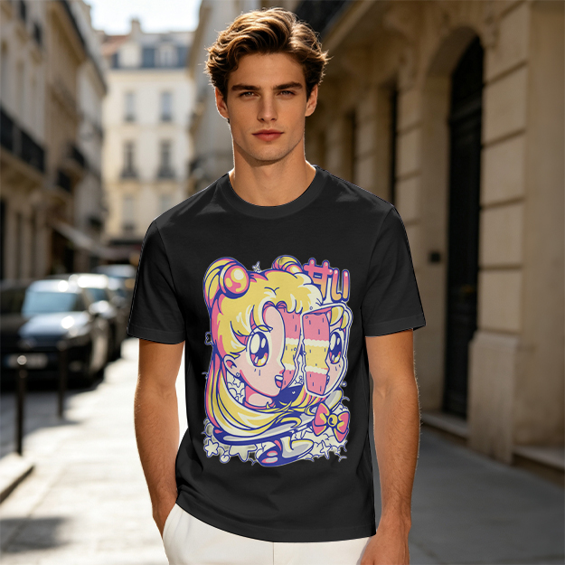 Olive T-Shirt With Glitch Anime Girl Graphic Print