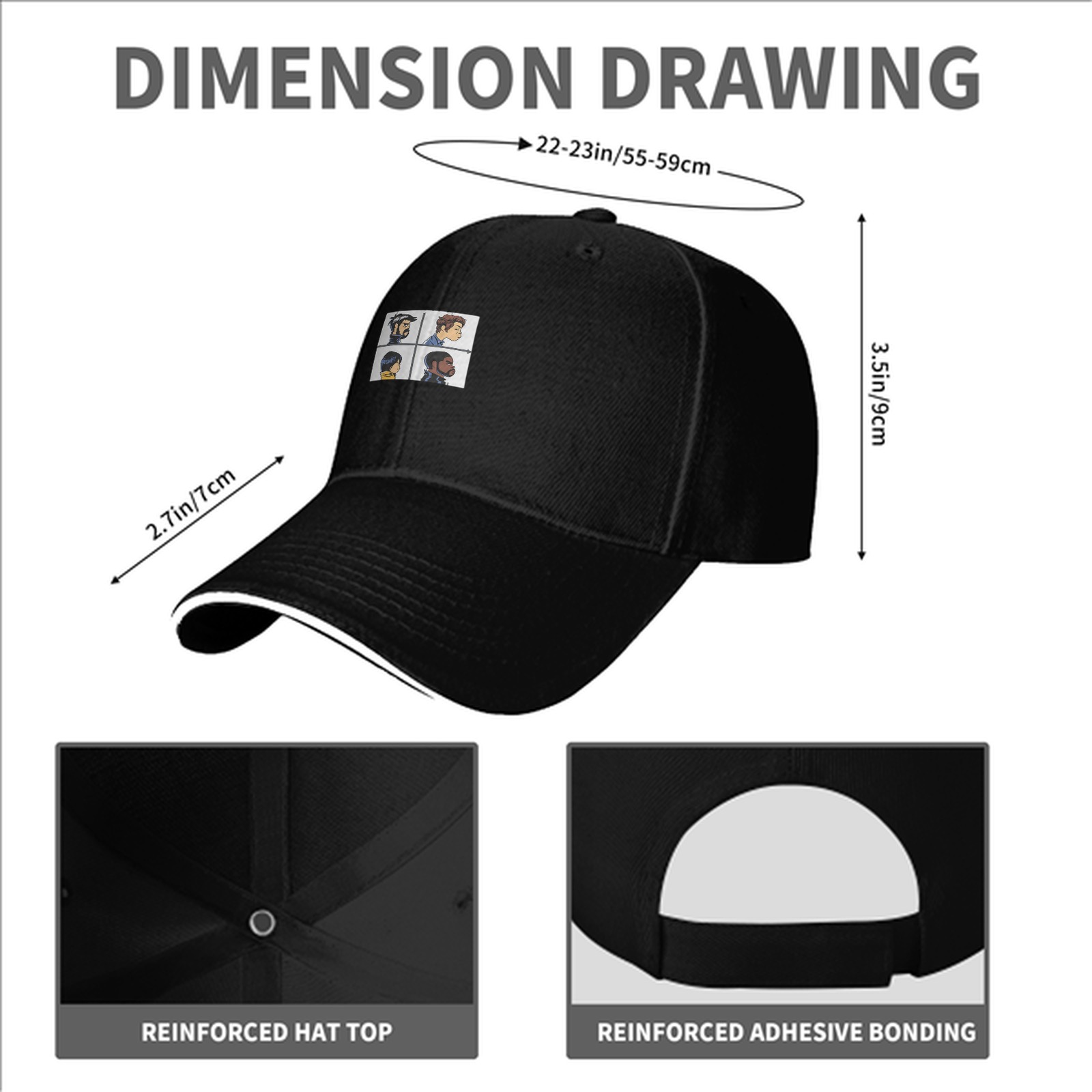 Black Baseball Cap With Four Character Profile Print Design