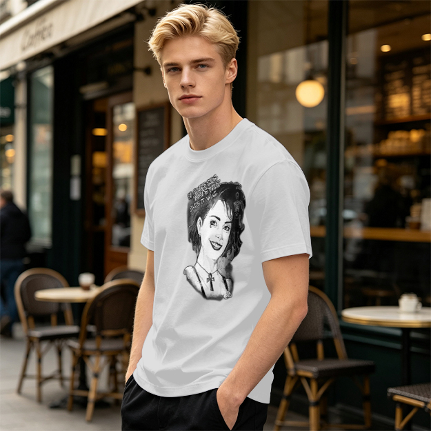 Olive T-Shirt with Black and White Portrait Print