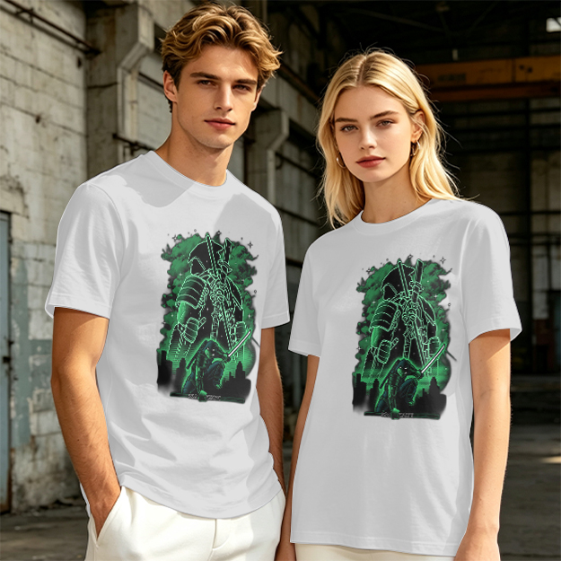 Olive Green T-Shirt With Neon Samurai Warrior Graphic