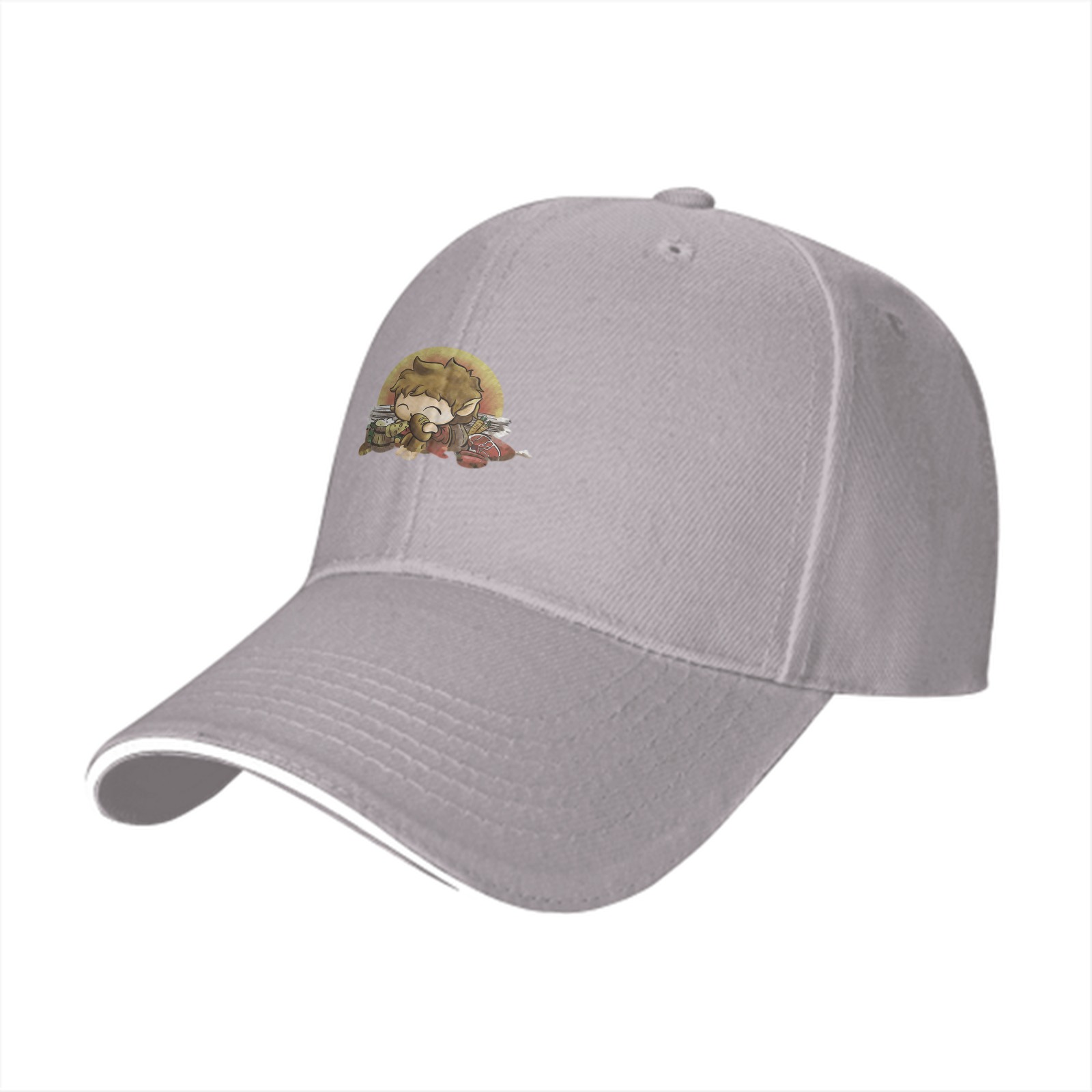 Black baseball cap with cute hobbit and treasure graphic
