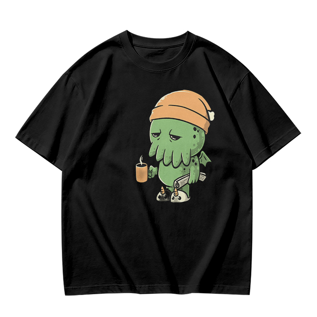 Olive T-Shirt With Sleepy Cthulhu Holding Coffee And Phone