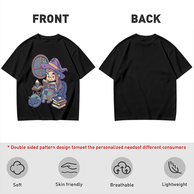 Olive t-shirt with cozy reading witch and cat graphic