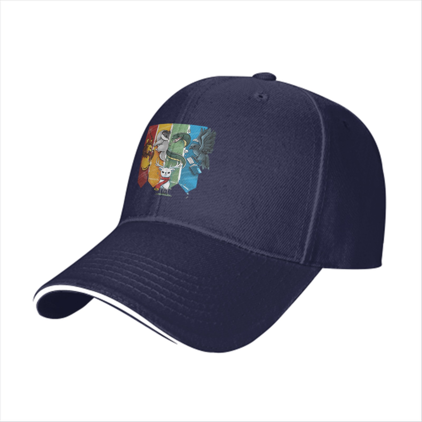 Black baseball cap with Harry Potter house mascots graphic