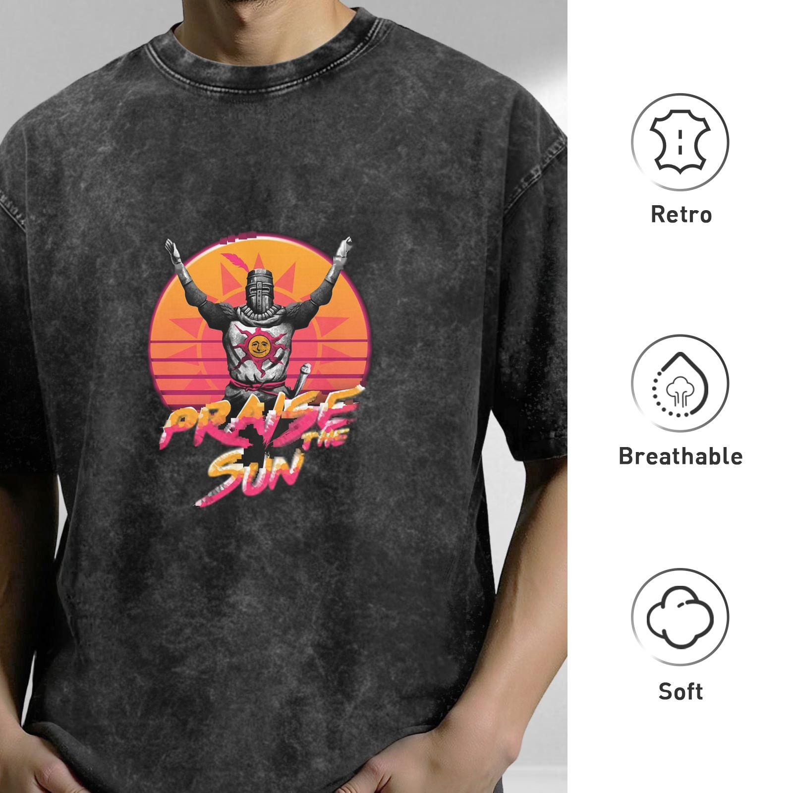 Dark Souls Praise The Sun Retro Graphic Acid Wash Oversized T-Shirt