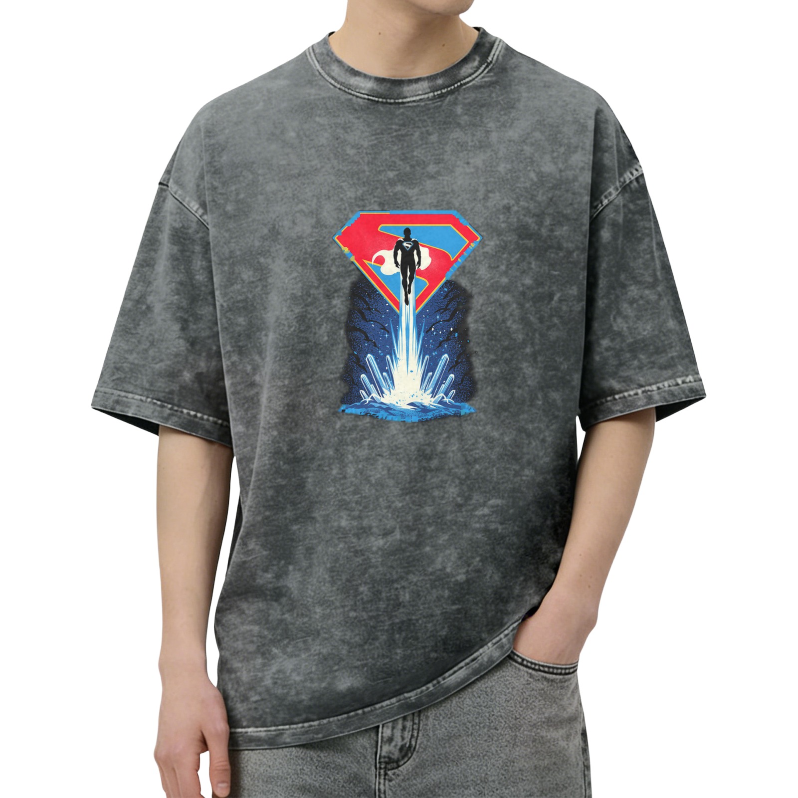 Washed Black T-Shirt with Superman Flying From Water Graphic