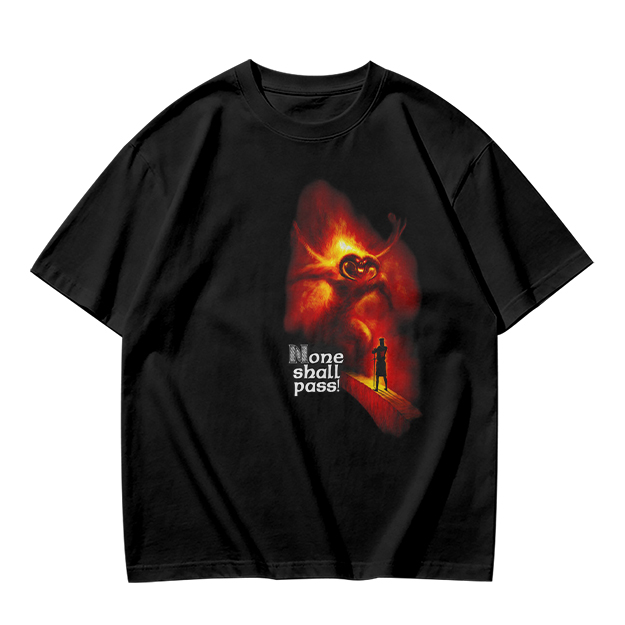 Olive T-Shirt with 'None Shall Pass' Fire Demon Graphic