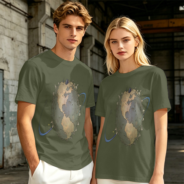 Olive Green T-Shirt With Distorted Earth Graphic Print