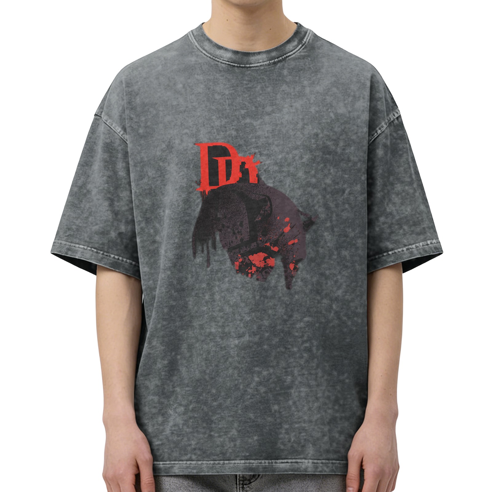 Oversized Dark Wash Graphic T-Shirt With Red D Logo And Skull Art