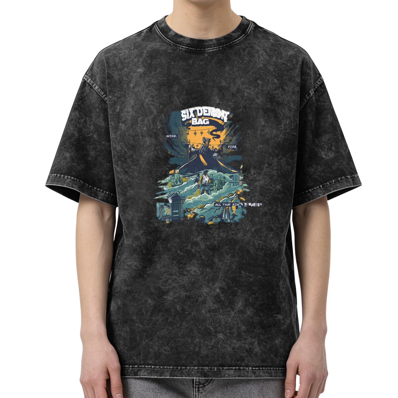 Distressed washed black loose short-sleeved T-shirt with 'SIX DEMON BAG' themed illustration printed on the front