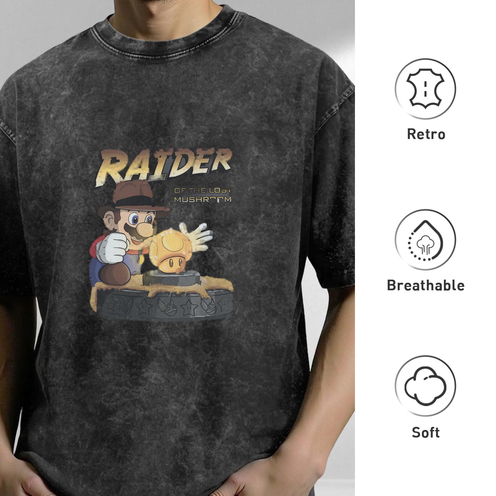 Vintage Washed Black Short Sleeve T-Shirt with 'Raider of the Lost Mushroom' Mario Graphic Print