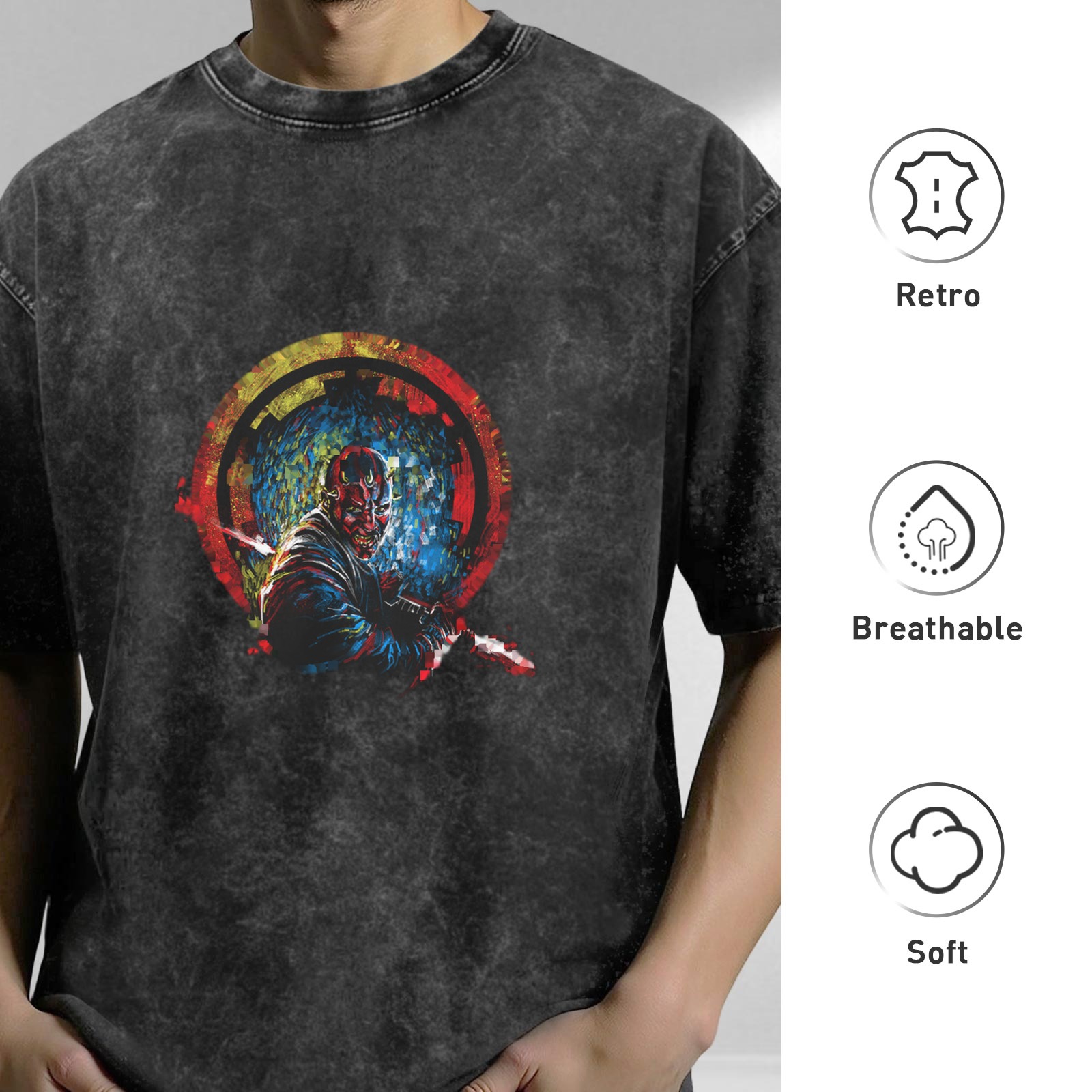 Oversized Acid Wash T-Shirt With Samurai Warrior Graphic