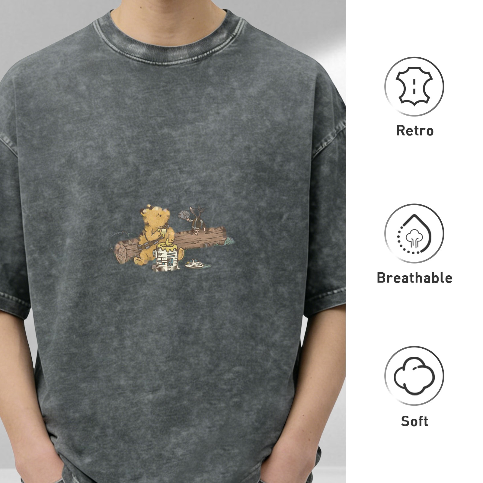 Distressed washed black Winnie the Pooh printed loose short-sleeved T-shirt