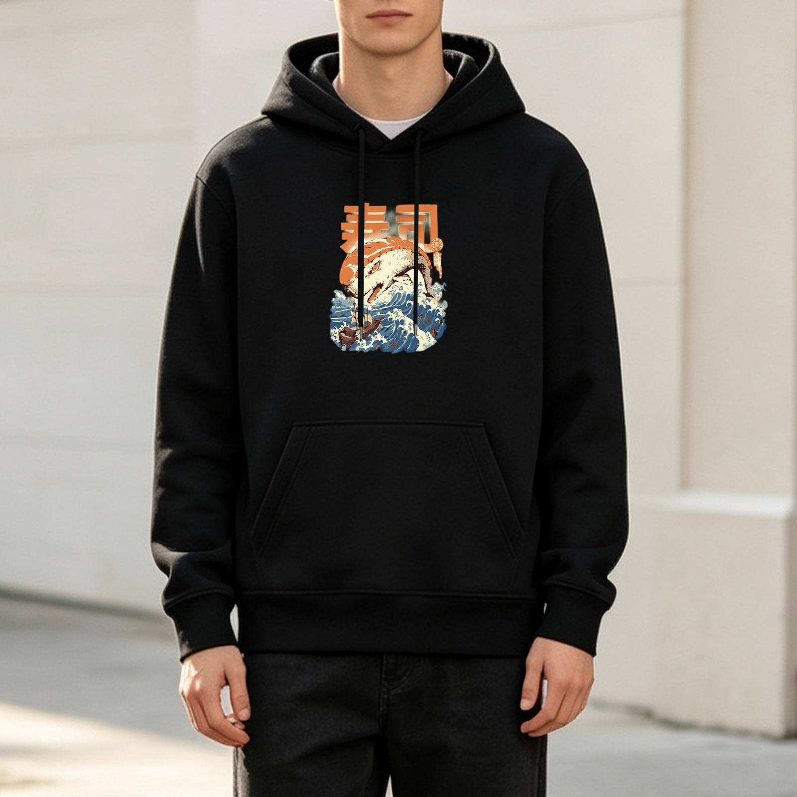 Black hoodie with Japanese wave and sushi graphic print
