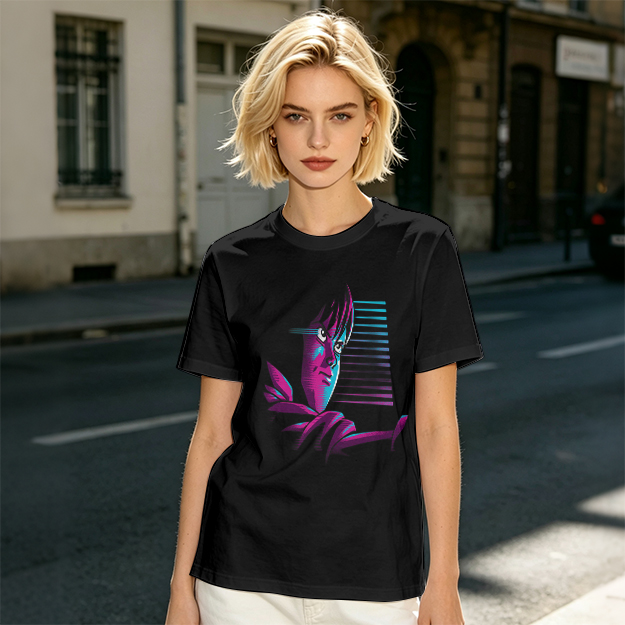 Olive T-Shirt With Abstract Neon Portrait Graphic