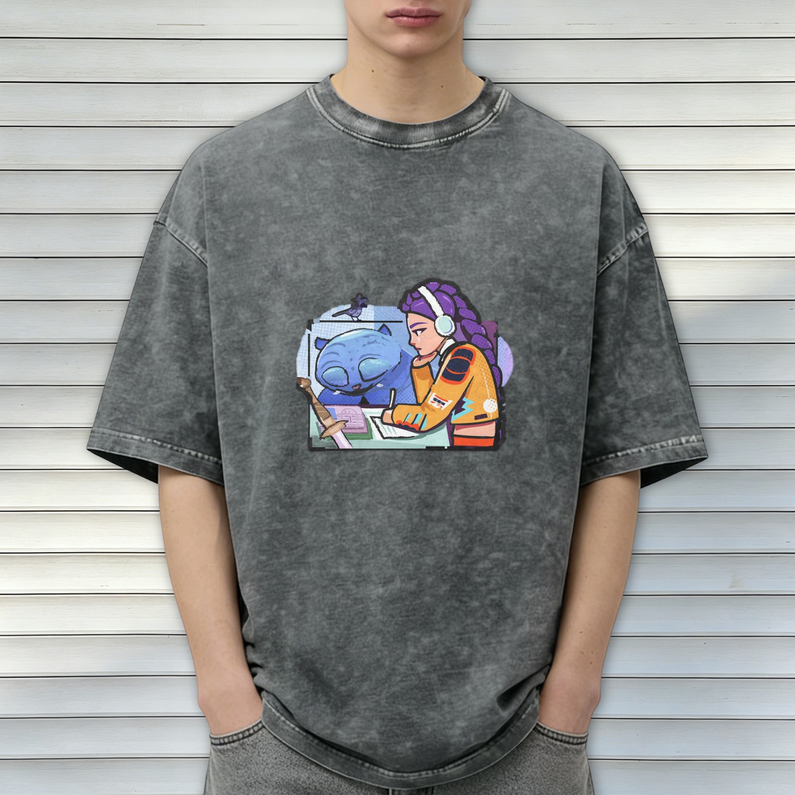 Washed graphic tee with anime girl and blue cat illustration