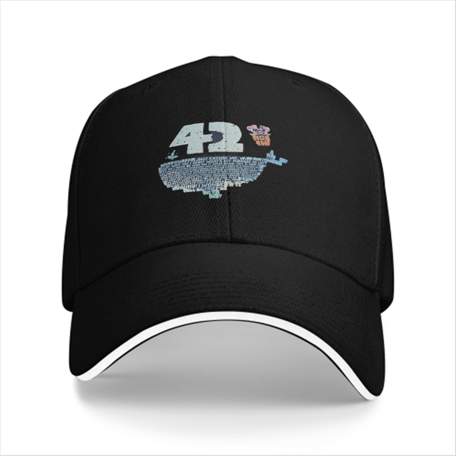 Black baseball cap with 42 and whale graphic print