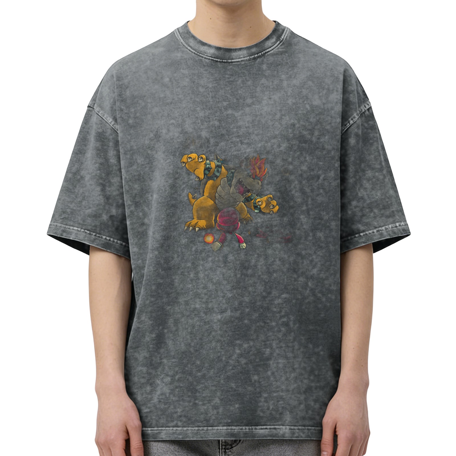 oversized acid wash t-shirt with three-headed monster graphic print