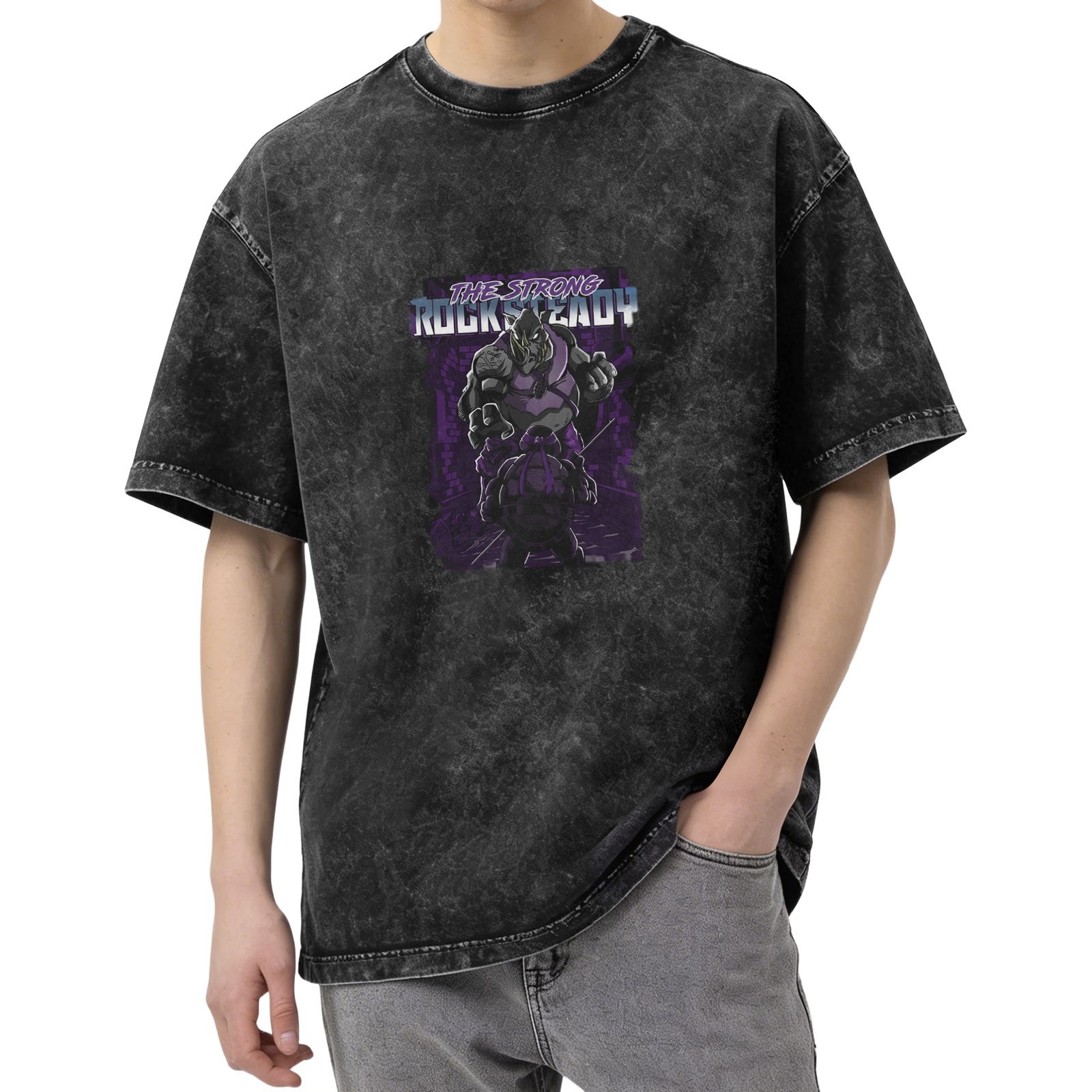Oversized Stonewashed T-Shirt with Rocksteady Graphic Print