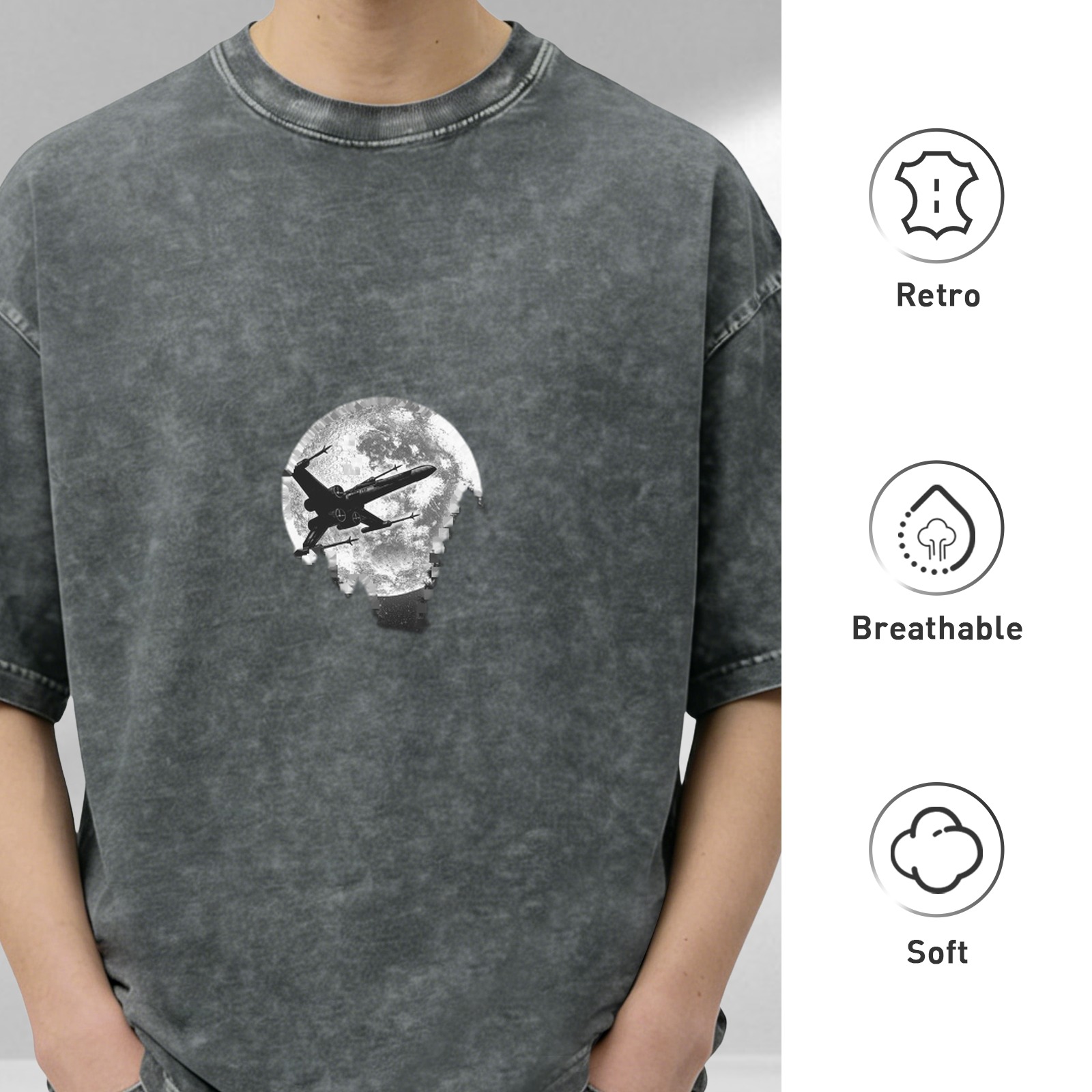 Washed Black T-Shirt With Full Moon and Starfighter Silhouette Print