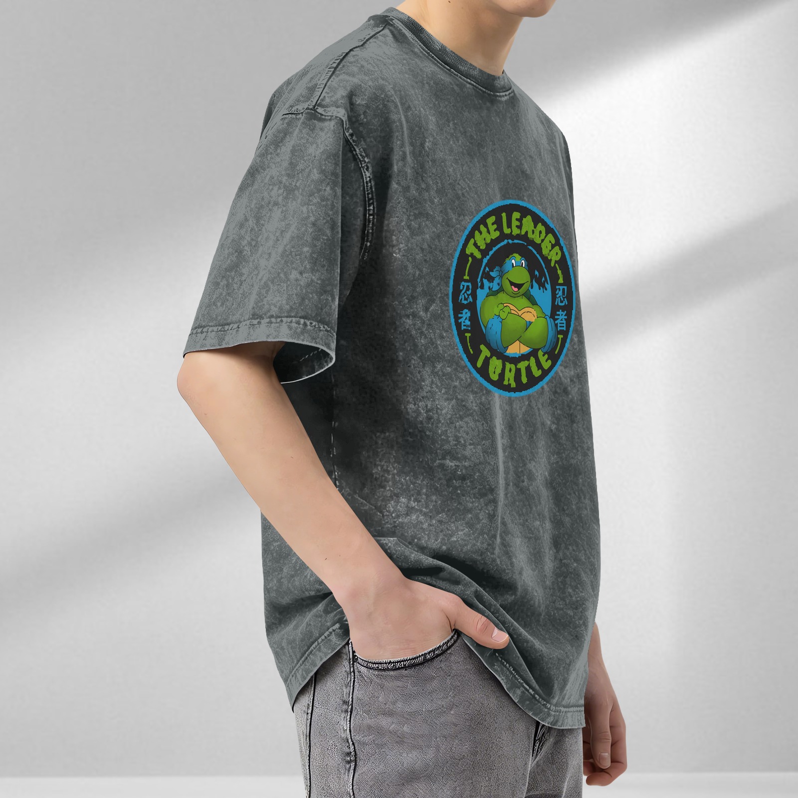 Washed black t-shirt with Teenage Mutant Ninja Turtles leader graphic