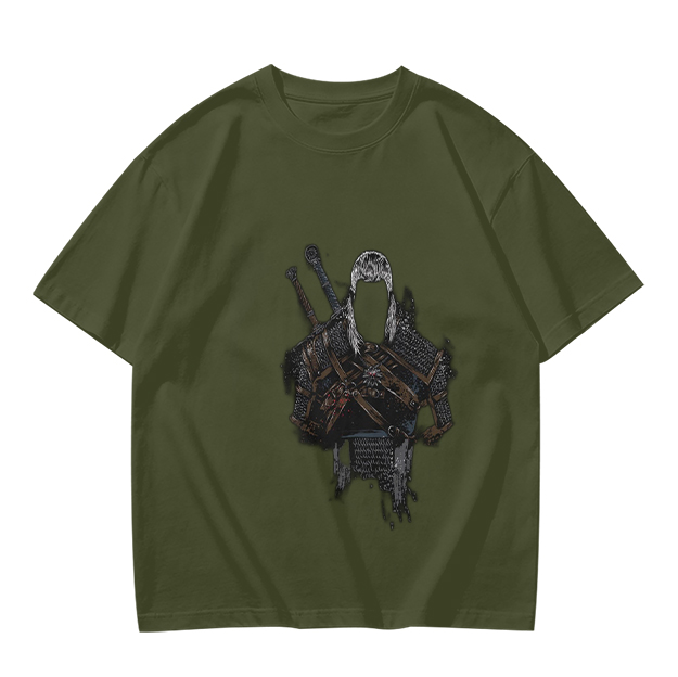 Olive Green T-Shirt With Witcher Warrior Character Print