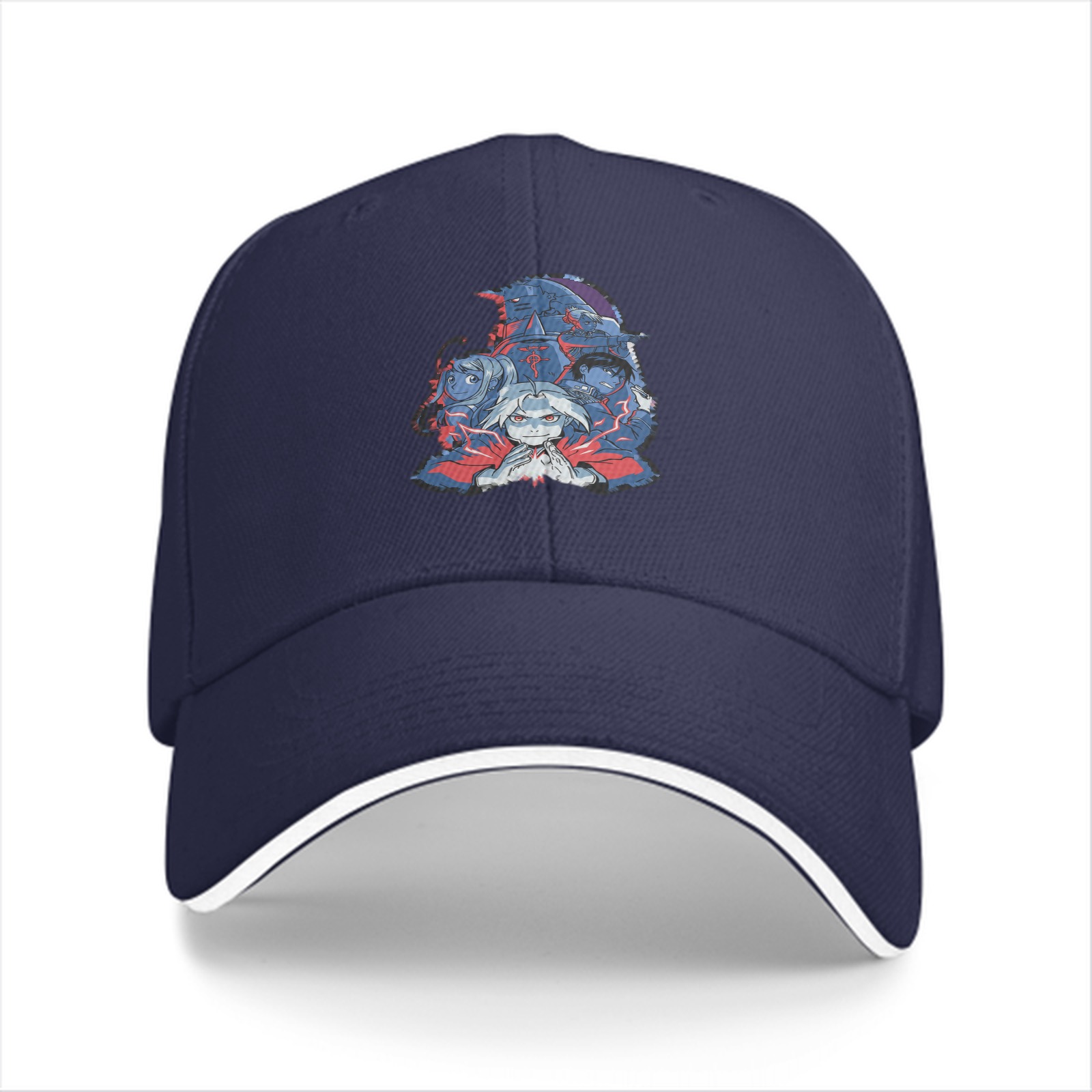 Black Baseball Cap with Dark Anime Character Graphic Print
