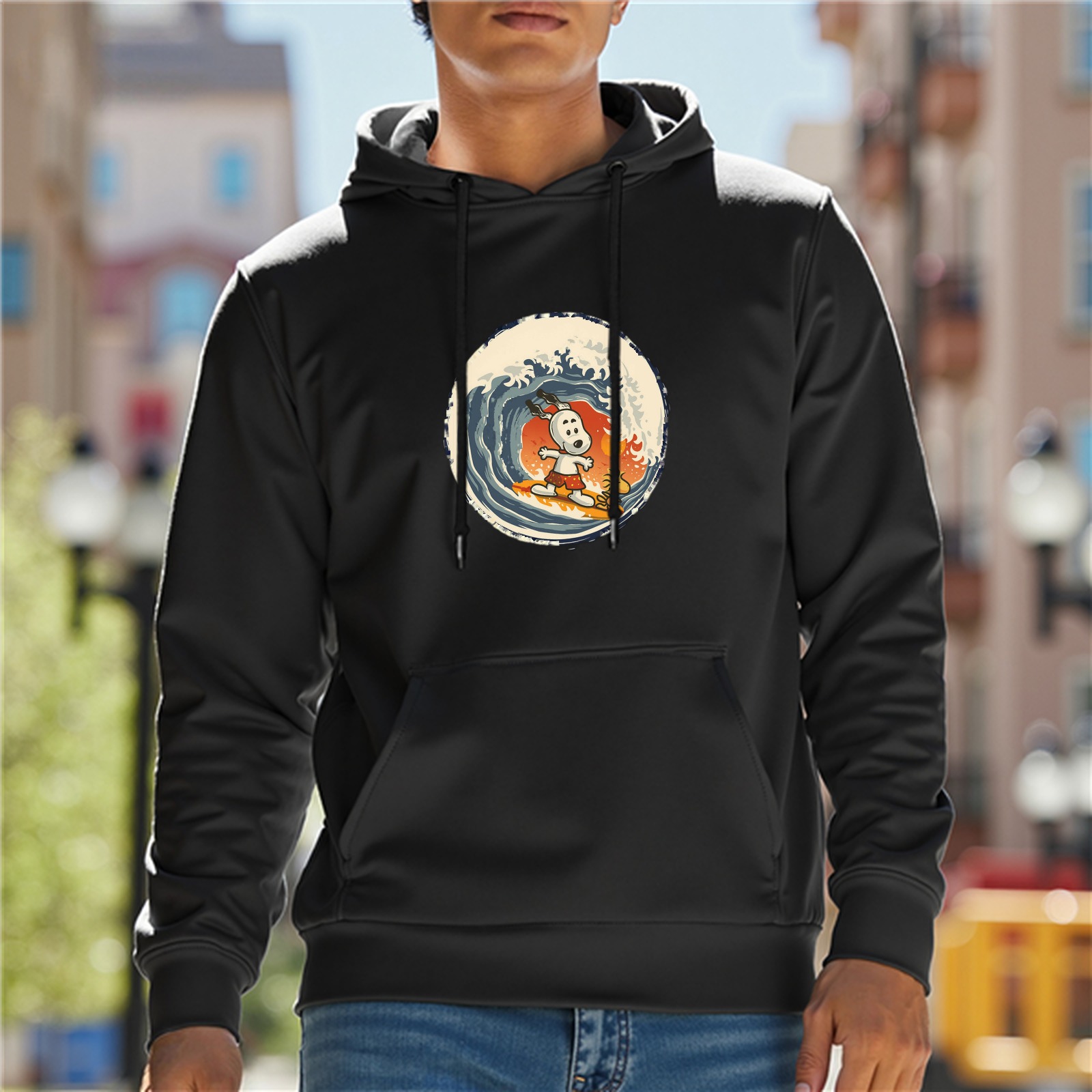 Black hoodie with Snoopy surfing the great wave graphic