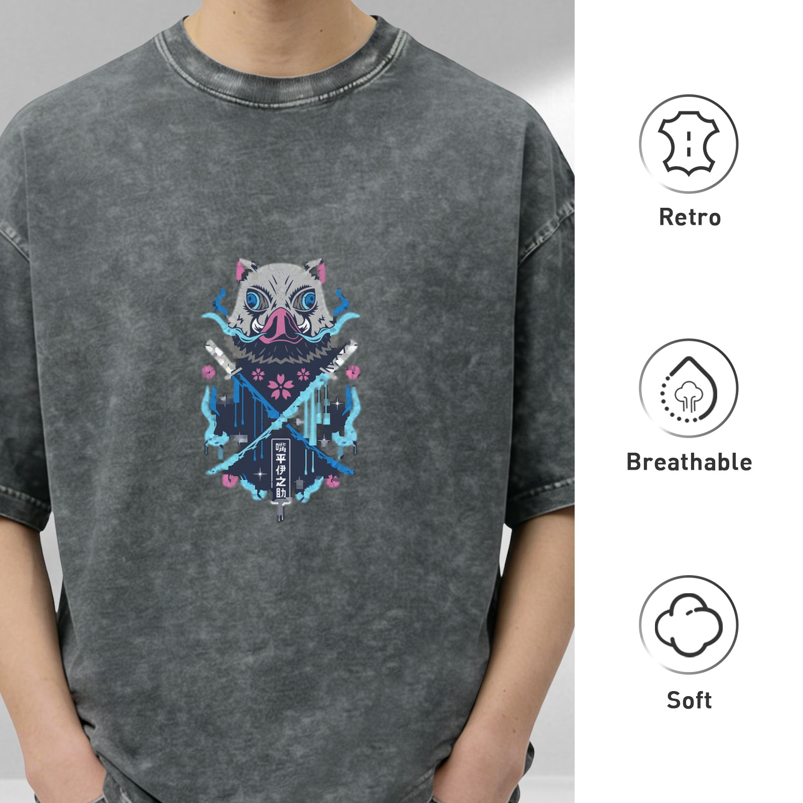 Washed and distressed charcoal black loose short-sleeved T-shirt Demon Slayer: Kimetsu no Yaiba Kihira Inosuke boar head print anime peripheral top