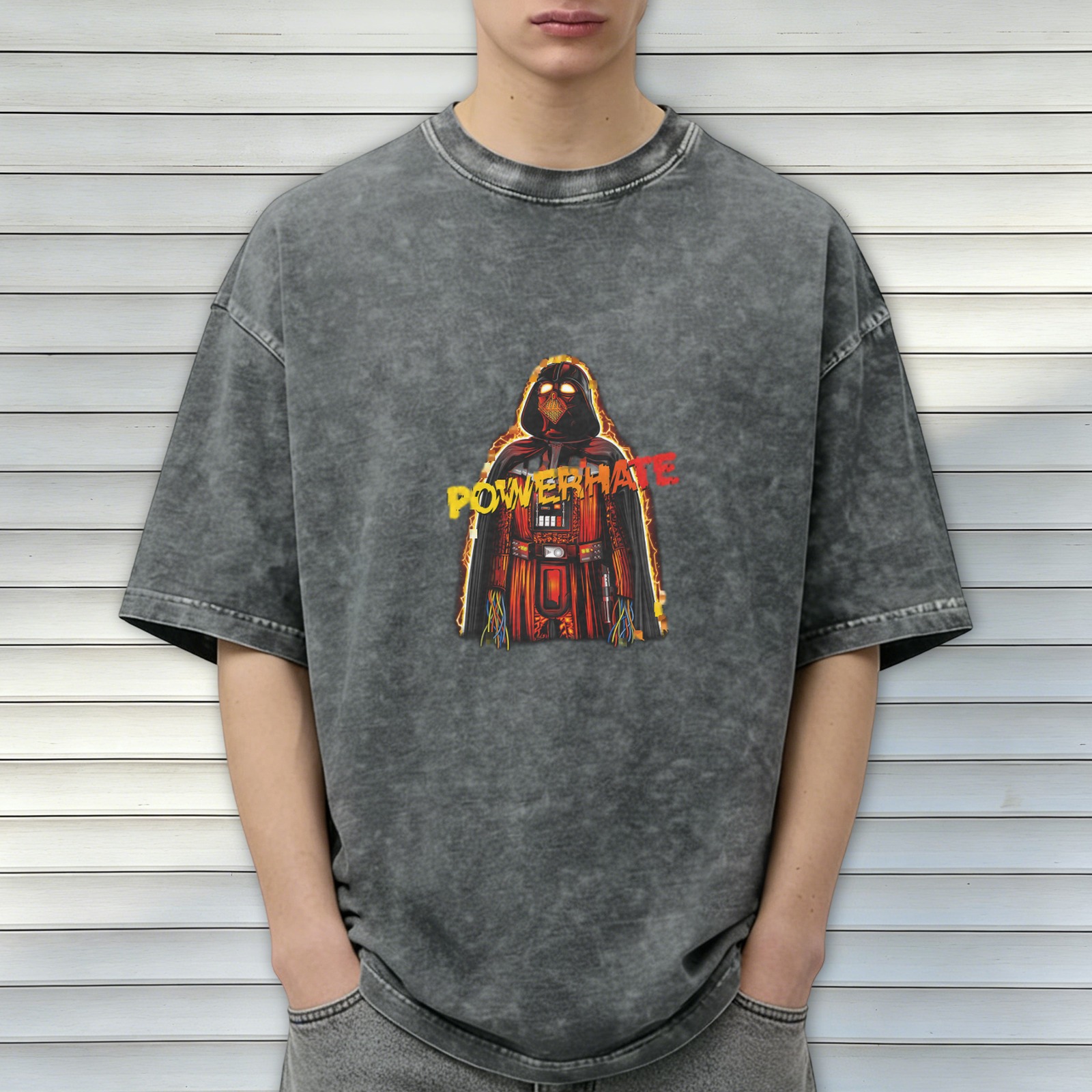 Washed black graphic t-shirt with Darth Vader style 'POWERHATE' print