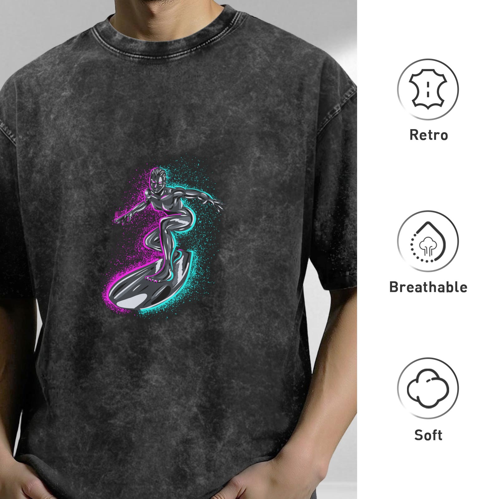 Oversized Acid Wash T-Shirt With Neon Surfer Graphic