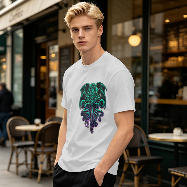 Olive Green T-Shirt With Cthulhu Octopus Dragon Graphic