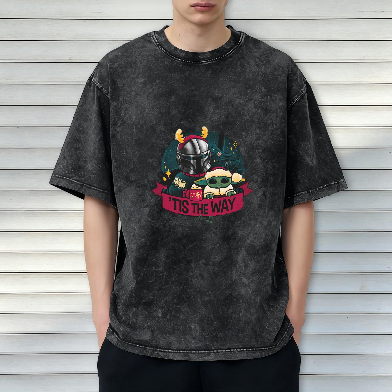 Star Wars Mandalorian & Grogu 'Tis The Way Christmas Graphic Oversized Stone Wash T-Shirt