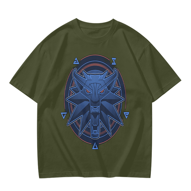 Olive T-Shirt With Witcher Wolf Medallion Graphic Print