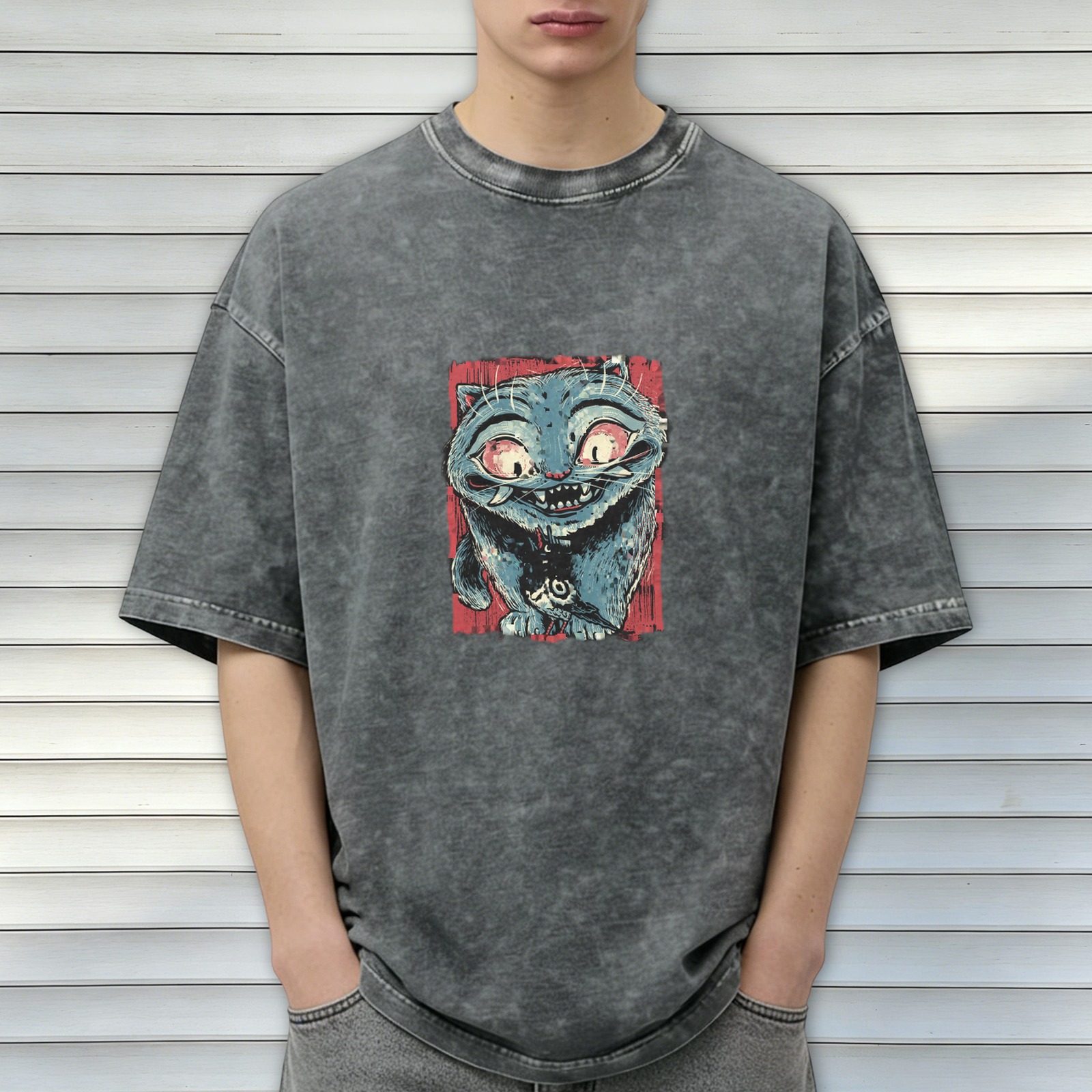 Oversized Acid Wash T-Shirt With Creepy Blue Cat Graphic