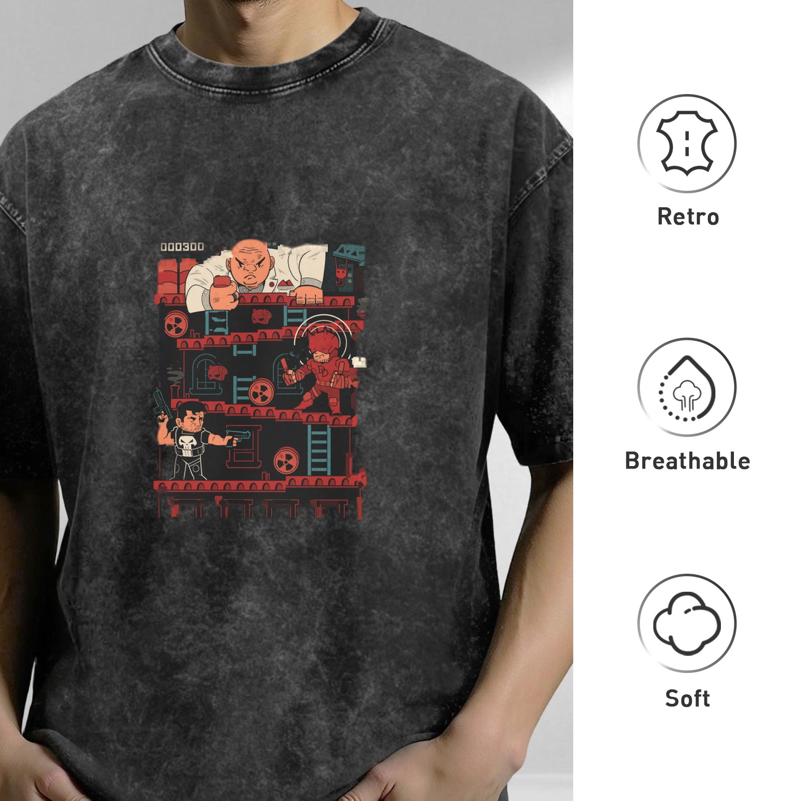 Marvel Superhero Retro Arcade Game Graphic Acid Wash T-Shirt
